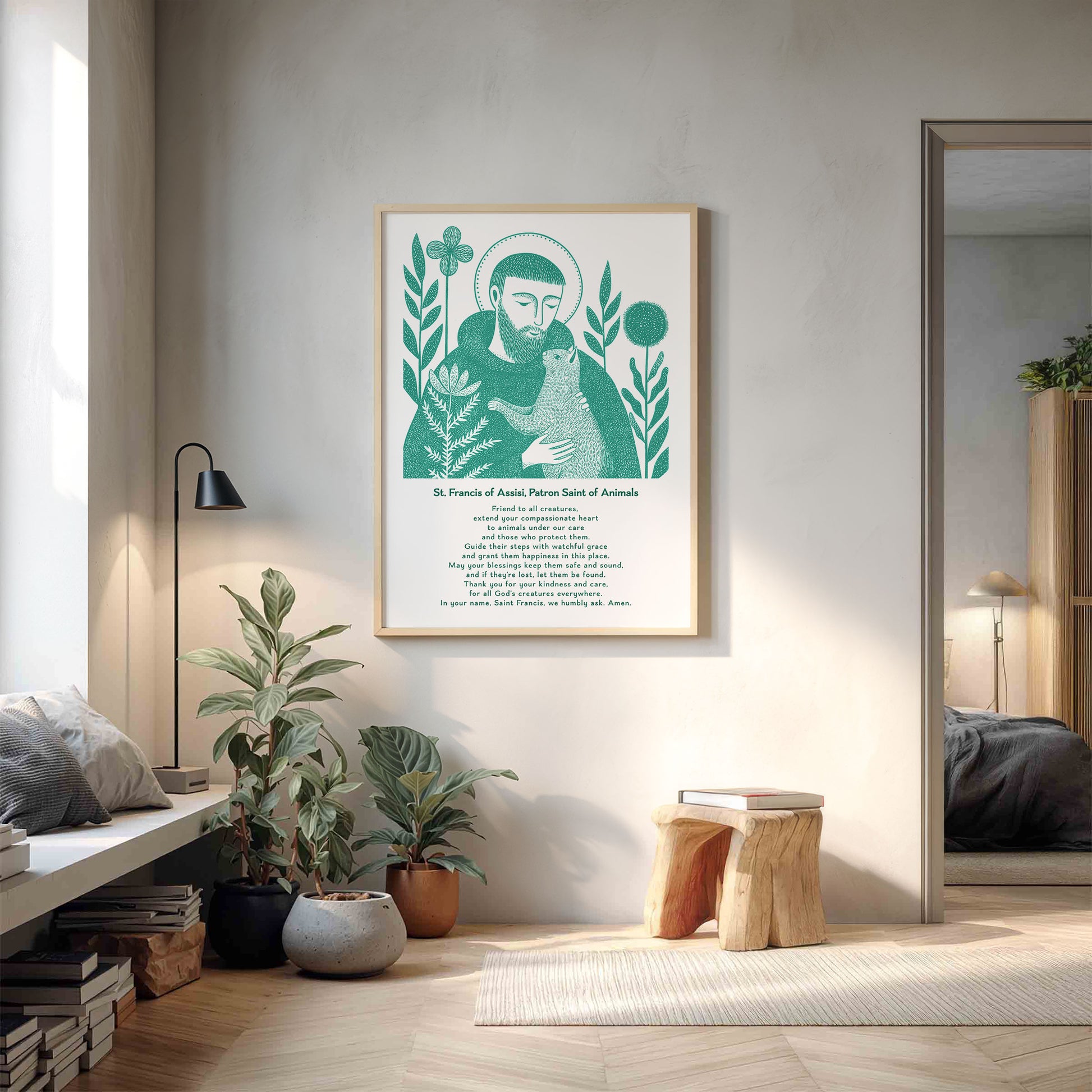 St Francis with Cat Art Print - Teal interior mockup 18 - p_9_franc_cat_0007_Layer 2