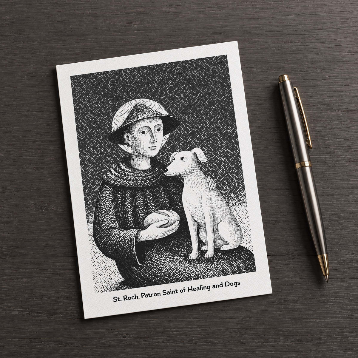 Black St Roch card on a dark table beside a pen