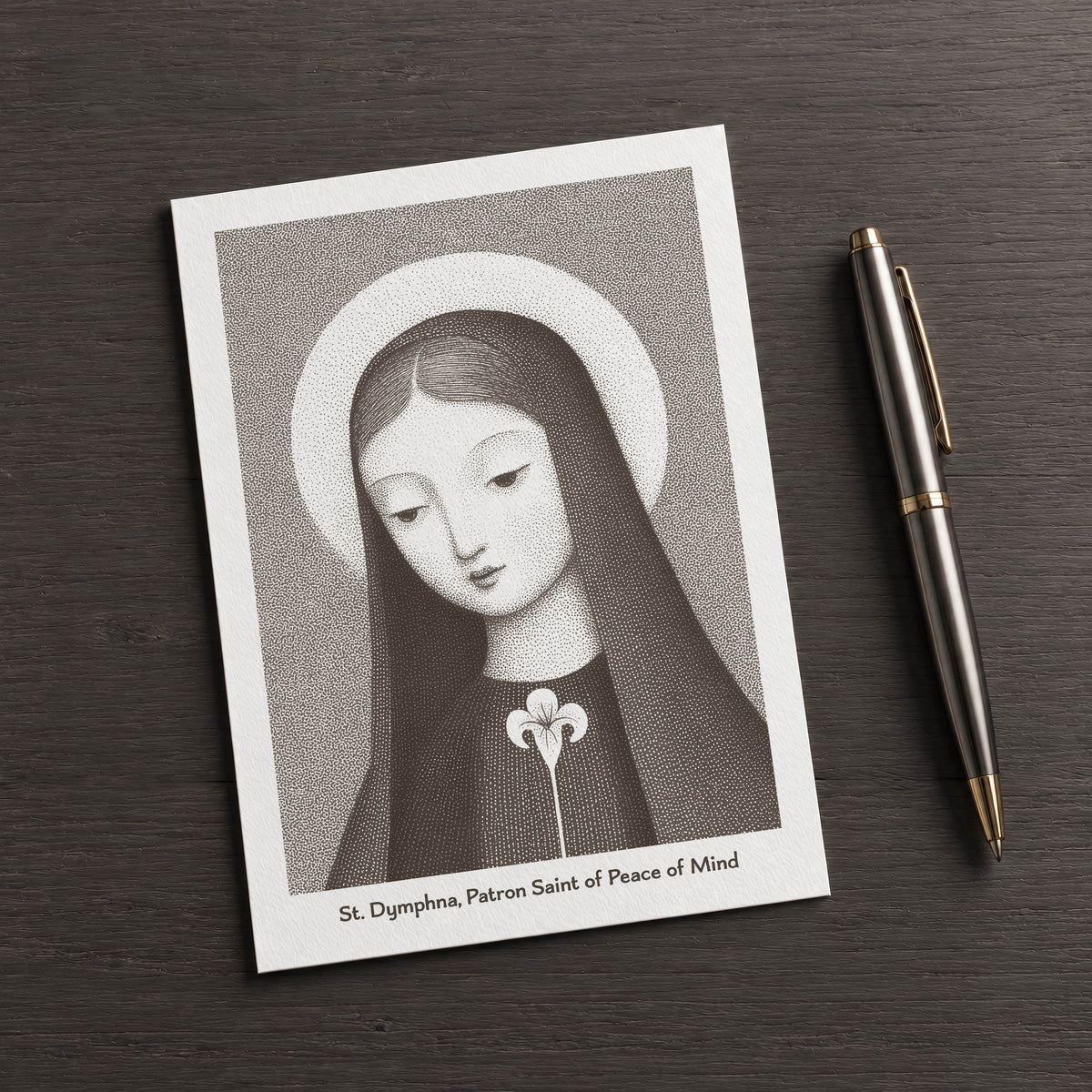 Brown St Dymphna card on a dark table beside a pen