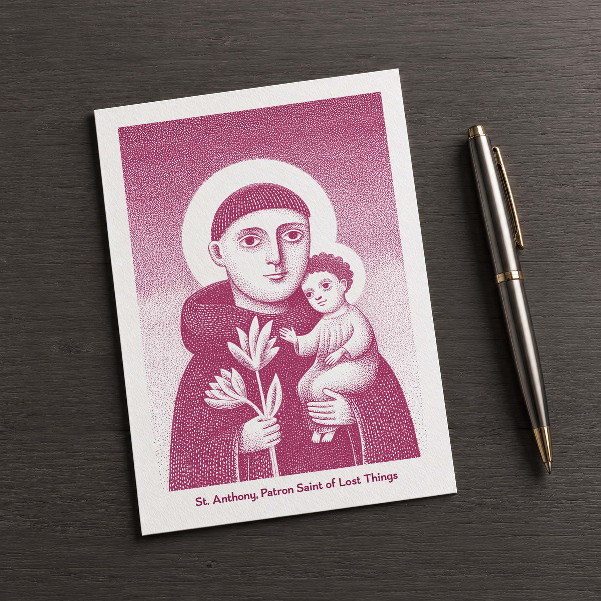 Pink St Anthony card detail, Child Jesus illustration and Patron Saint of Lost Things inscription