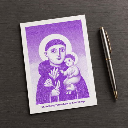 Purple St Anthony card detail, Child Jesus illustration and Patron Saint of Lost Things inscription