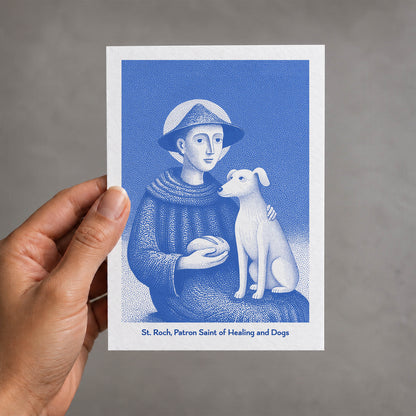 Blue St Roch card held in a hand