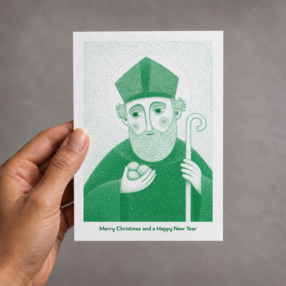 Green St Nicholas of Myra card held in a hand