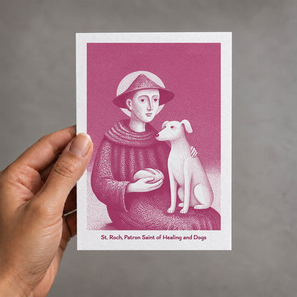Pink St Roch card held in a hand