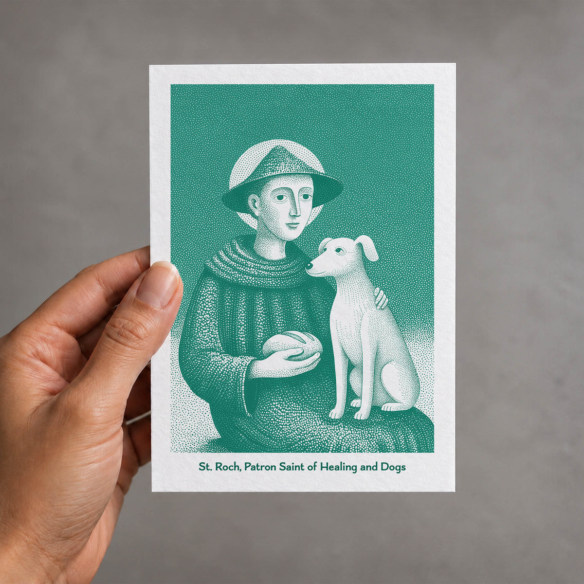 Teal St Roch card held in a hand