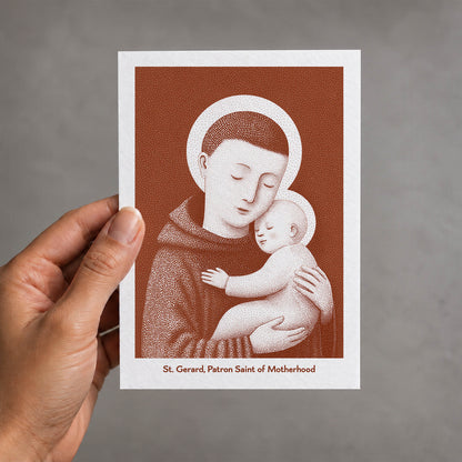 Terracotta St Gerard Majella card held in a hand