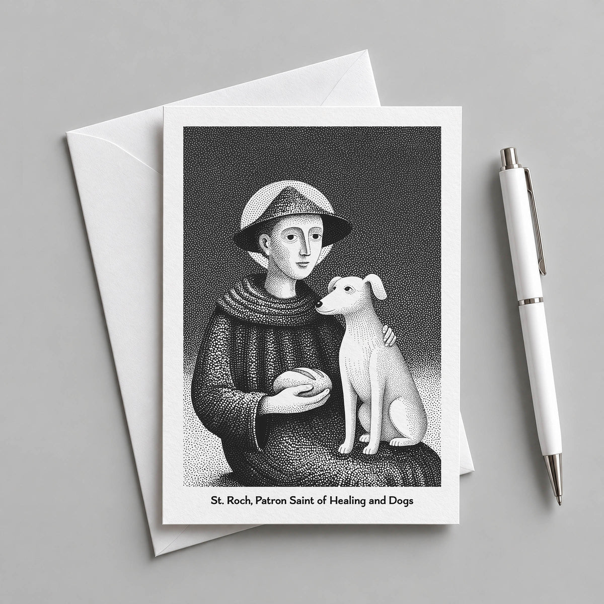 Black St Roch card with an envelope and pen