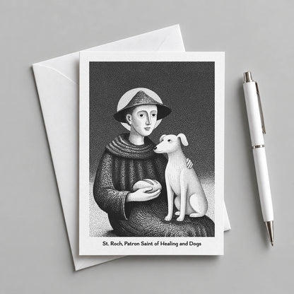 Black St Roch card with an envelope and pen