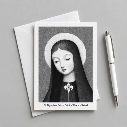 Black St Dymphna card with an envelope and pen