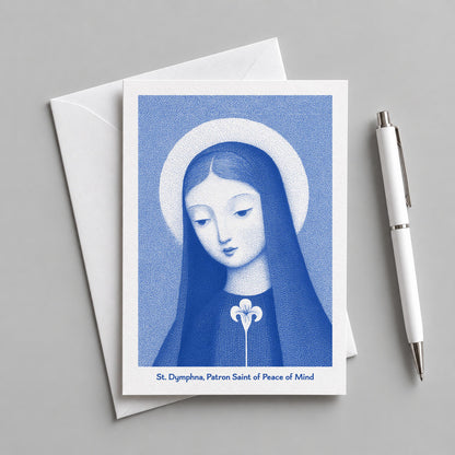 Blue St Dymphna card with an envelope and pen