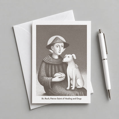 Brown St Roch card with an envelope and pen