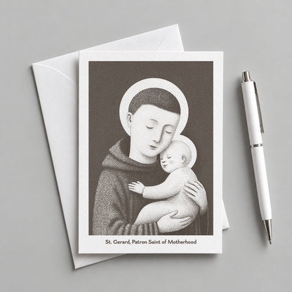 Brown St Gerard Majella card with an envelope and pen