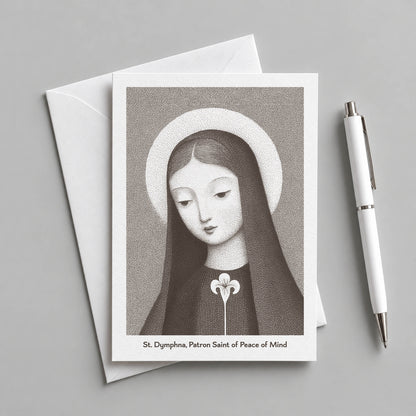 Brown St Dymphna card with an envelope and pen