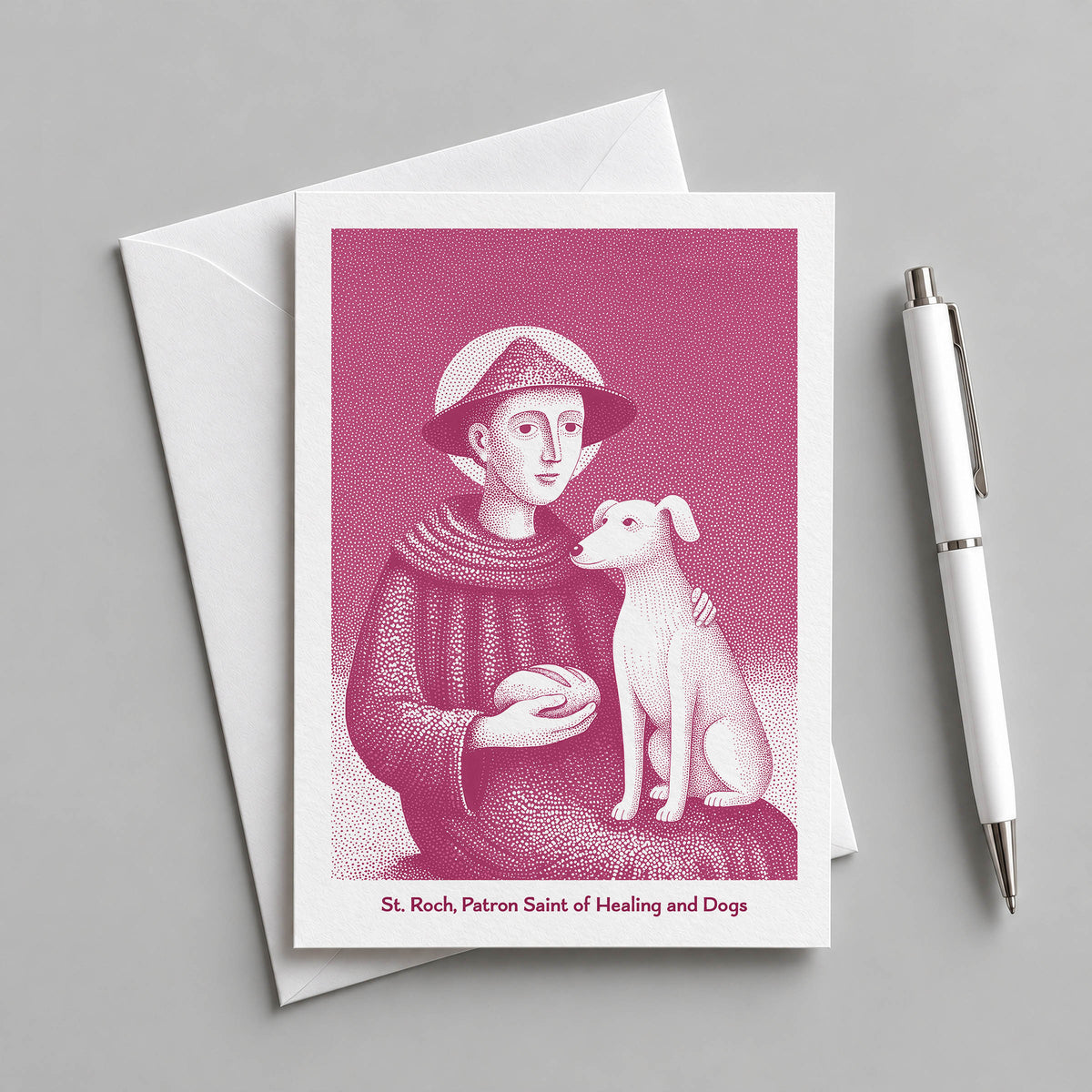 Pink St Roch card with an envelope and pen
