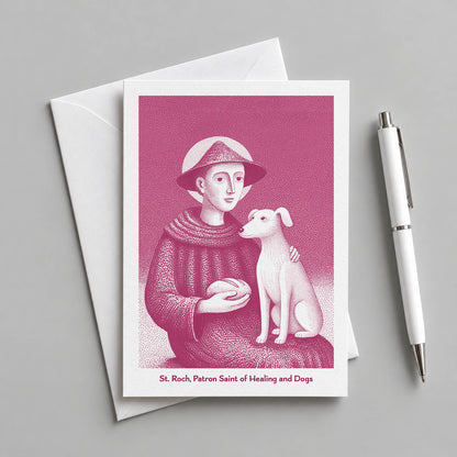 Pink St Roch card with an envelope and pen