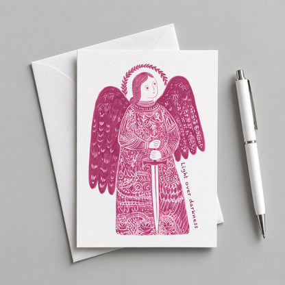 Pink St Michael the Archangel card with an envelope and pen
