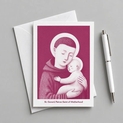 Pink St Gerard Majella card with an envelope and pen