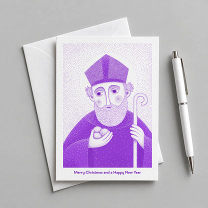 Purple St Nicholas of Myra card with an envelope and pen
