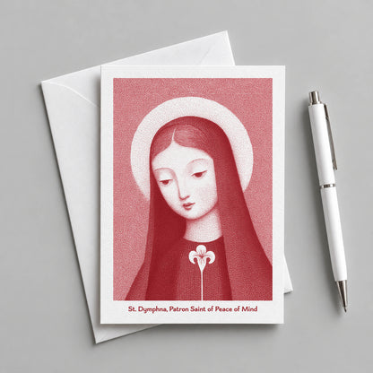 Red St Dymphna card with an envelope and pen