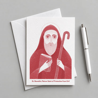 Red St Benedict card with an envelope and pen