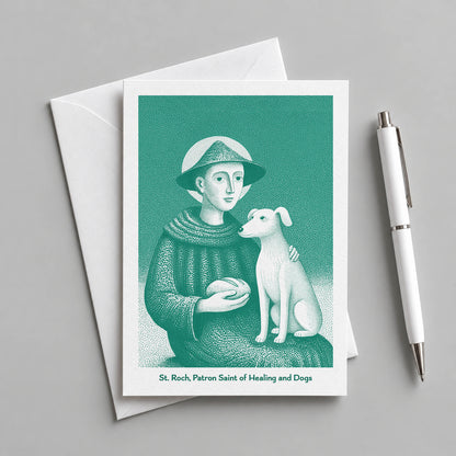 Teal St Roch card with an envelope and pen