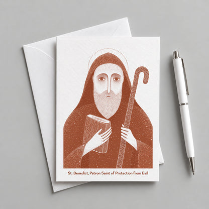 Terracotta St Benedict card with an envelope and pen