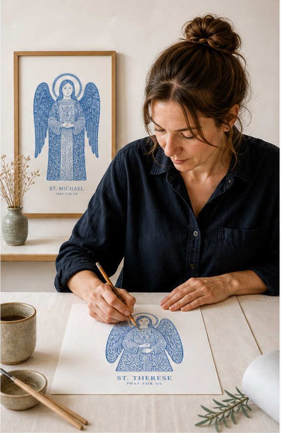 Studio table with a blue Catholic saint print in progress